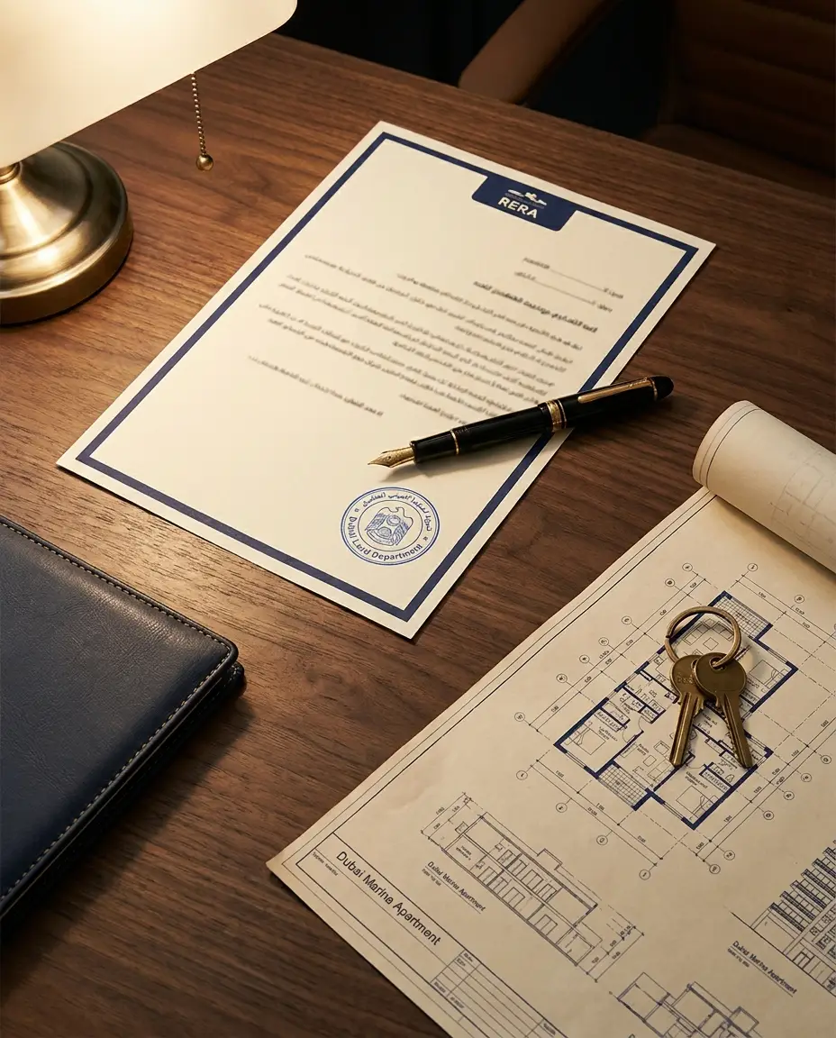 Close-up of a Dubai Land Department escrow document with official RERA stamp and architectural plans of a Dubai Marina apartment on a polished walnut desk in a premium Dubai legal office