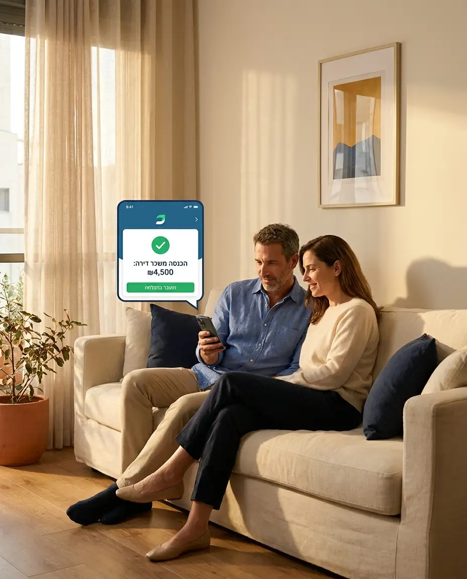 An Israeli couple relaxing on a cream linen sofa in their warmly-lit Tel Aviv living room, the man holding his phone showing a Hebrew rental income notification, both calm and pleased