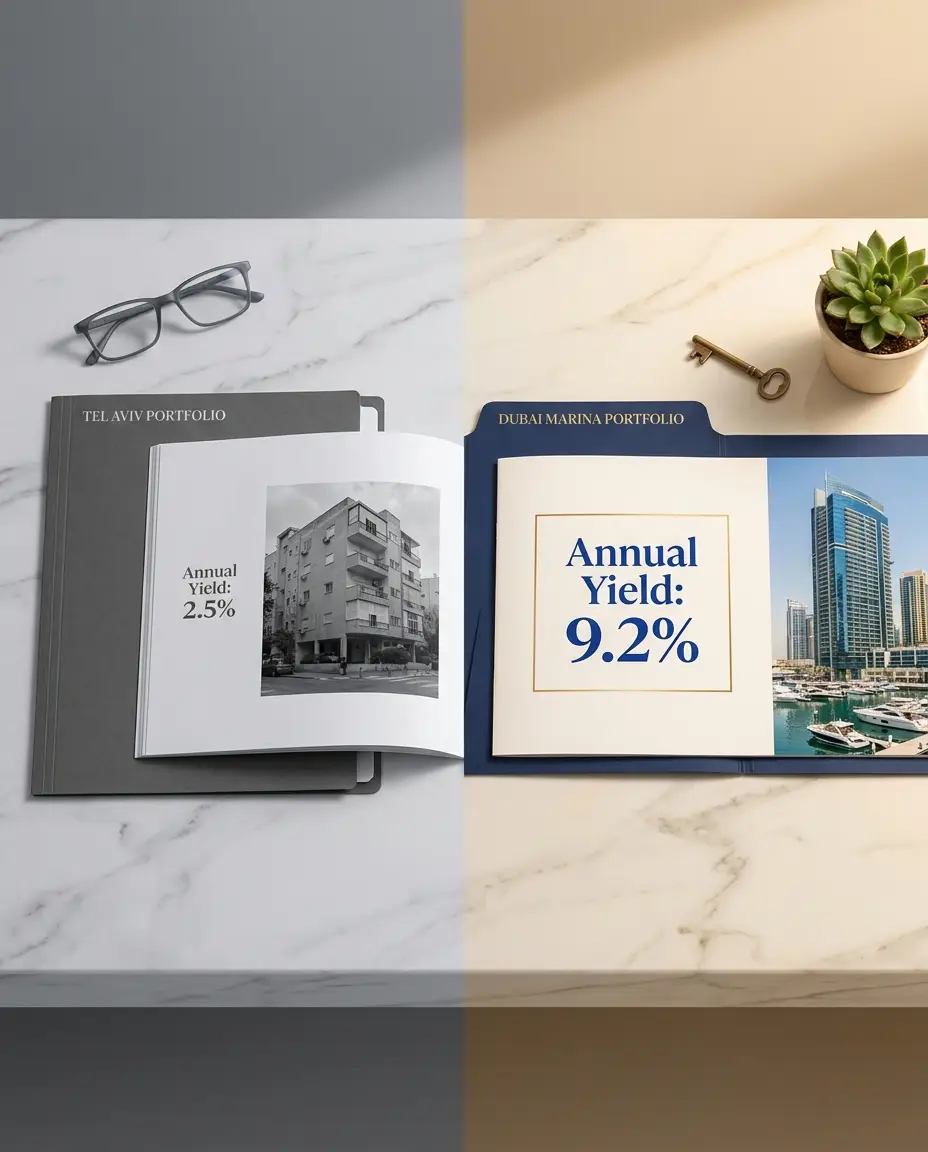 Two portfolio folders side by side: a grey Tel Aviv portfolio showing 2.5 percent annual yield next to a navy Dubai Marina portfolio showing 9.2 percent