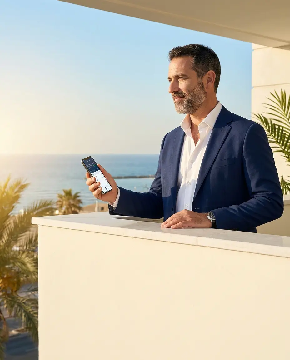 An Israeli investor in business casual on a sunlit Tel Aviv apartment balcony, looking out at the Mediterranean while reviewing a real estate portfolio on his phone, calm and pleased