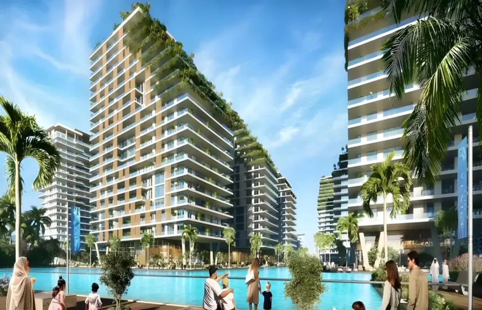 Azizi Venice lagoon community render, terraced apartment buildings with hanging gardens around a swimmable lagoon
