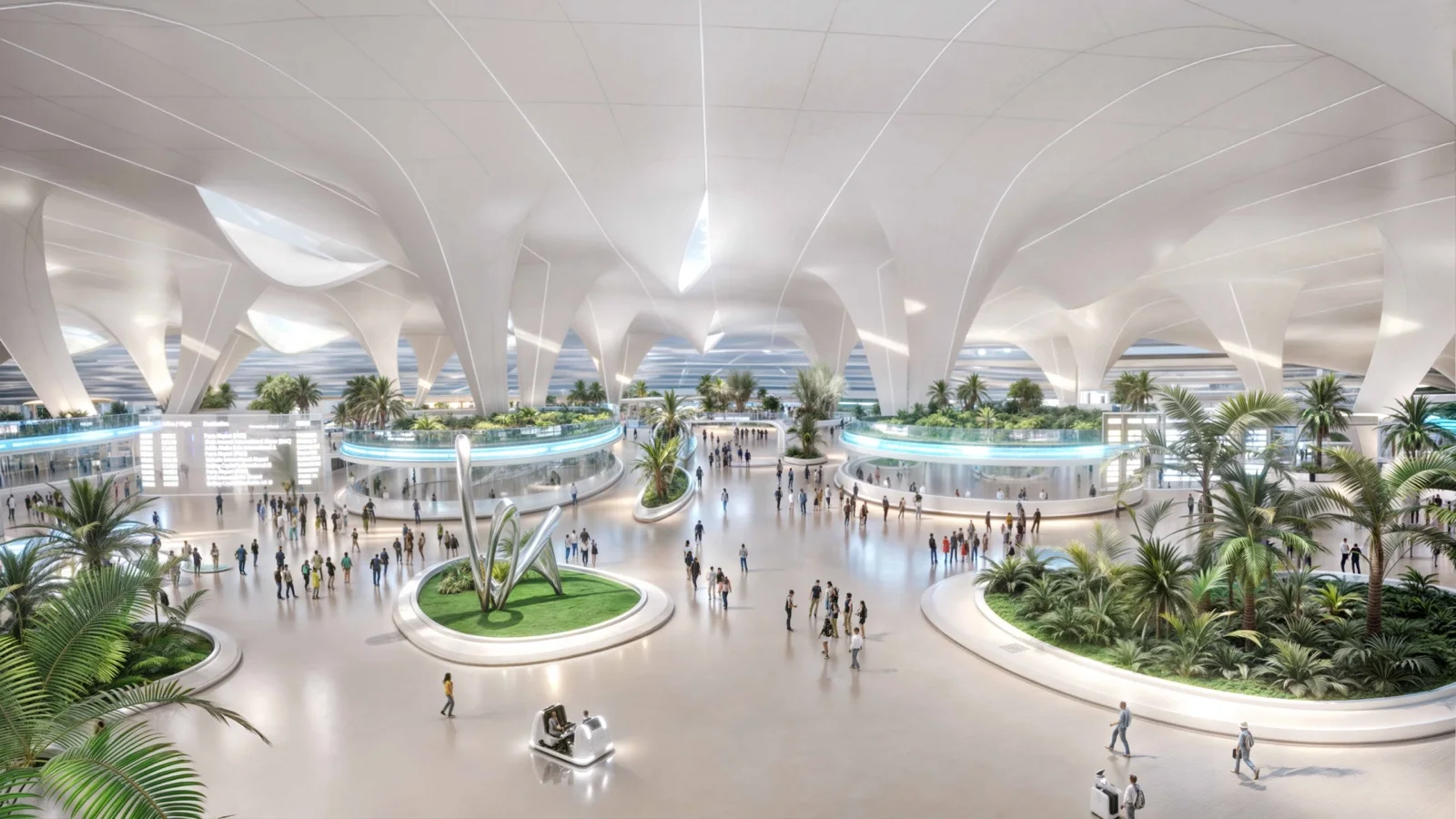 Official render of the new Al Maktoum International terminal, a vast white hall with sculpted columns, indoor palms and daylight