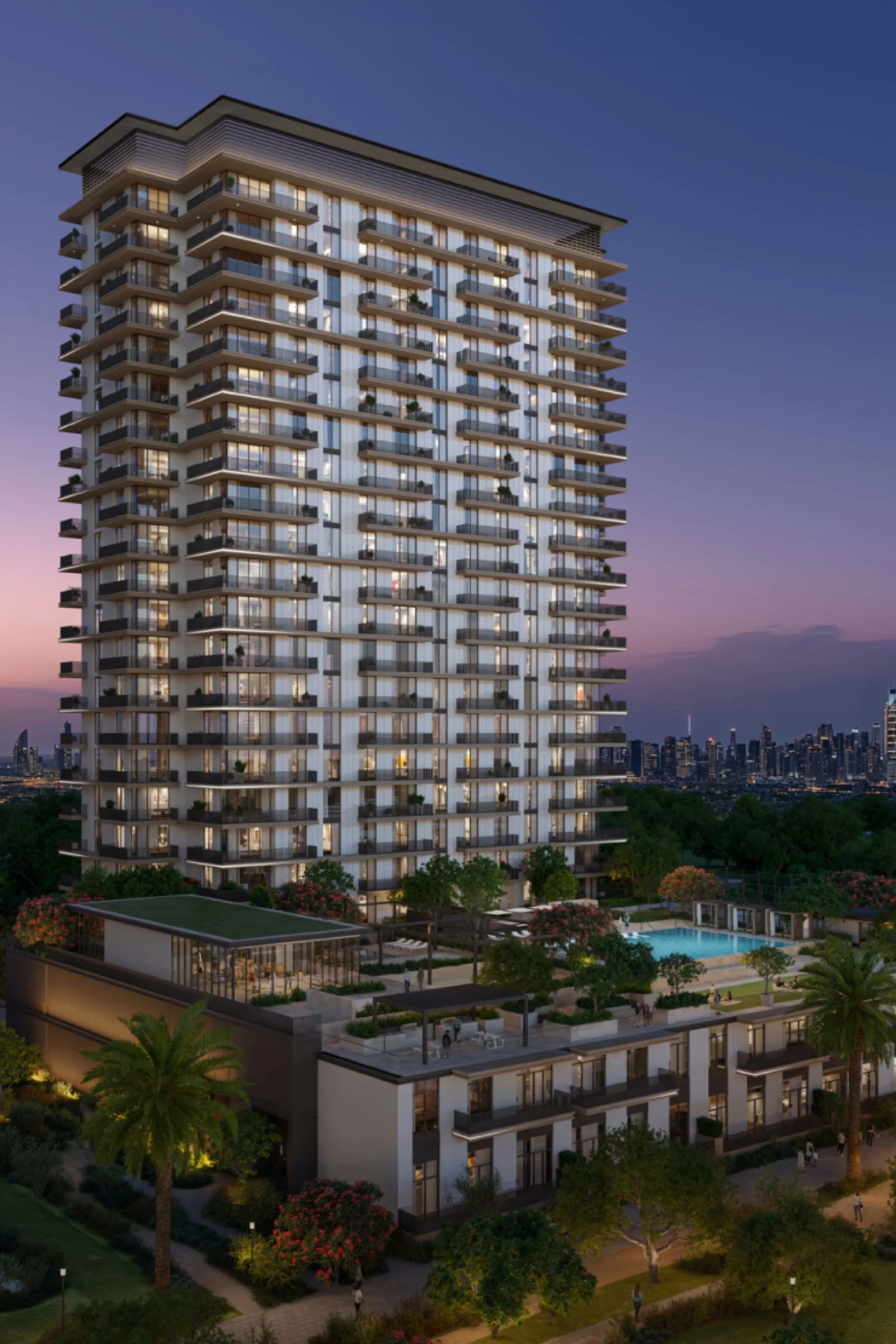 Greencrest by Emaar in Dubai Hills Estate at dusk, a boutique tower over a podium pool