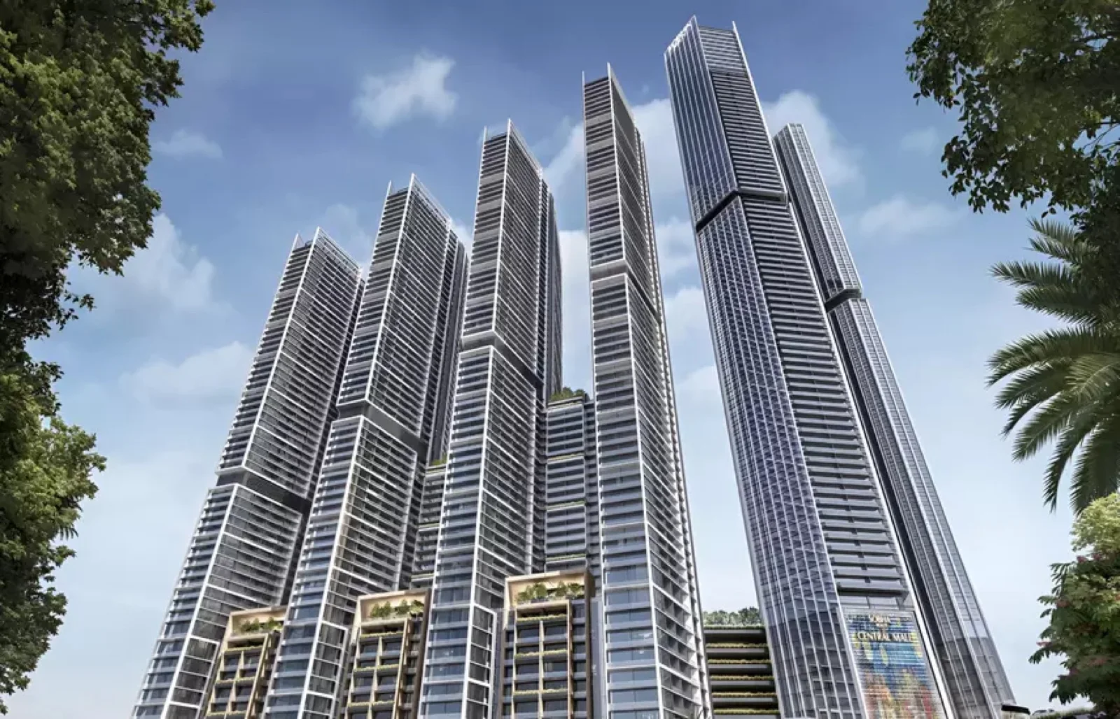 Sobha Central, a five tower cluster up to ninety floors rising over Sheikh Zayed Road